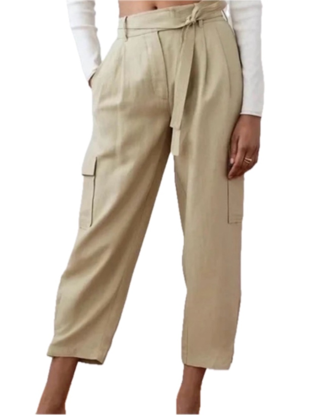 Aritzia WILFRED Kafka Linen Blend Belted Cargo Pants 4 Sierra Beige EUC